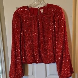 Reba Red Sequin Boxy Blouse with Bishop Sleeves